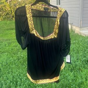 Nicole by Nicole Miller Black and Yellow Sheer Blouse with Tank Top Insert